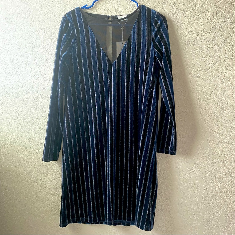 Vila XS Elegant Blue Black Silver Striped Dress